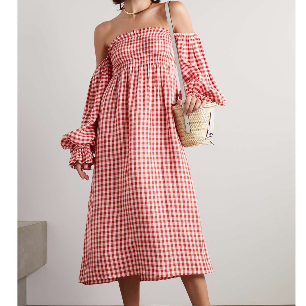 Sleeper Atlanta off-the-shoulder shirred gingham 100% linen midi dress